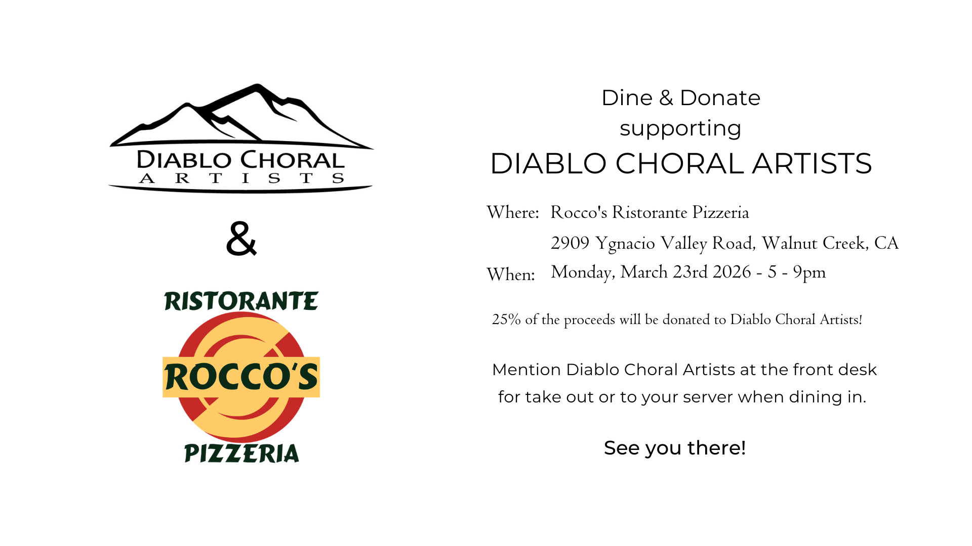 __Rocco's Dine and Donate Supporting Diablo Choral Artists - March 23, 2026 - Dine In or Take Out__